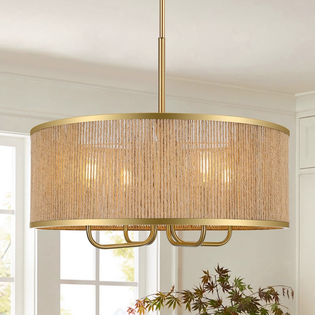 LamQee Large Farmhouse Rattan Chandelier Rope Pendant Light Fixture