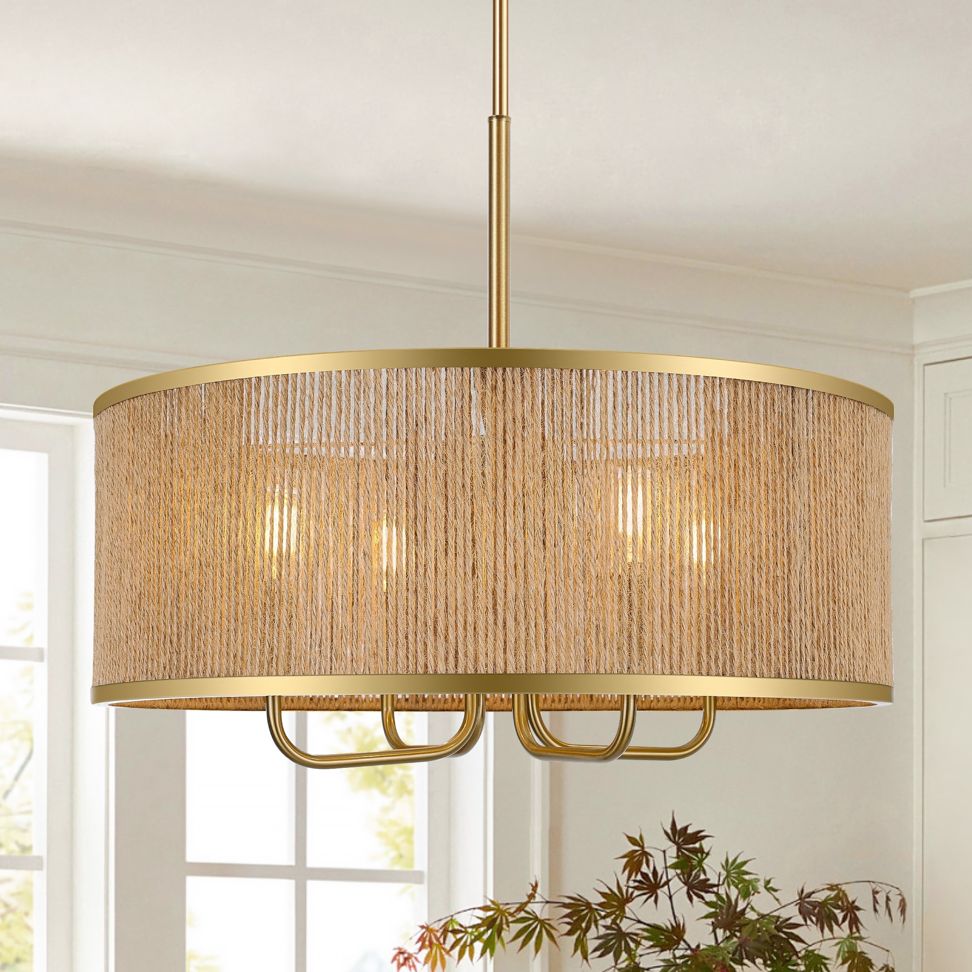 LamQee Large Farmhouse Rattan Chandelier Rope Pendant Light Fixture