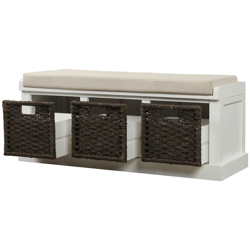 Rustic Storage Bench with 3 Removable Rattan Baskets and Cushion, Entryway Bench with MDF Frame, No Assembly Required