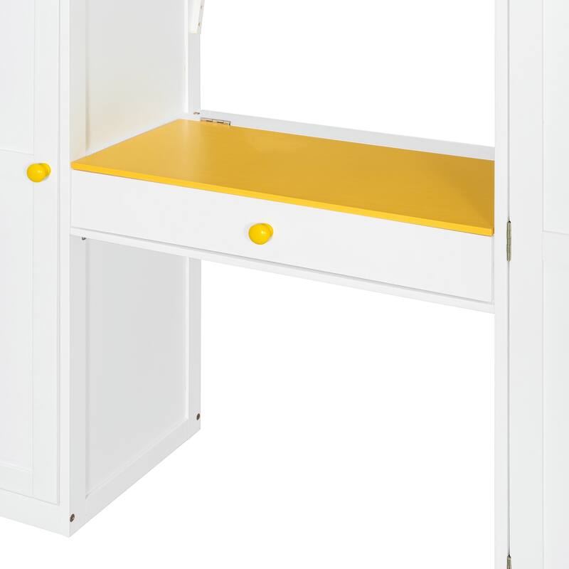 Full Size Loft Bed Frame for Kids with Storage Staircase, Wardrobe, Cabinets, USB, LED and Dressing Table with Mirror and Drawer