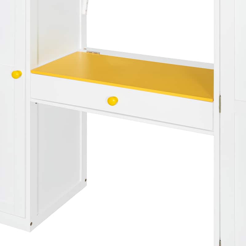 Full Size Loft Bed with Storage Staircase, Built-in Dressing Table, Mirror & Wardrobe - USB Charging & Lights