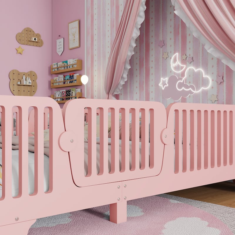 Full/Twin Montessori Floor Bed with Slats, Fence and Door, No Box Spring Needed