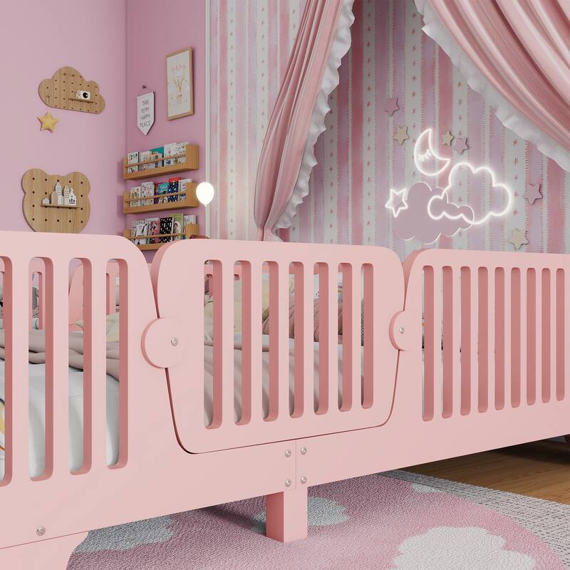 Kids Floor Bed with Safety Fence and Removable Door for Boys Girls