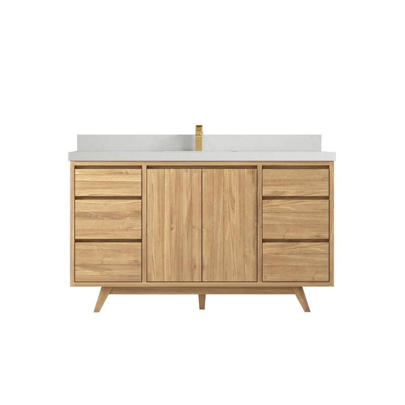 Willow Collections 60 in. W x 22 in. D Madison Teak Single Sink Bathroom Vanity with Countertop - 2" Carrara Quartz - Light Natural Teak