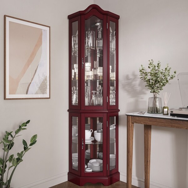 Belleze Loraine Canted Front Lighted Corner Curio Cabinet with 5 Tier Shelves Cherry Brown