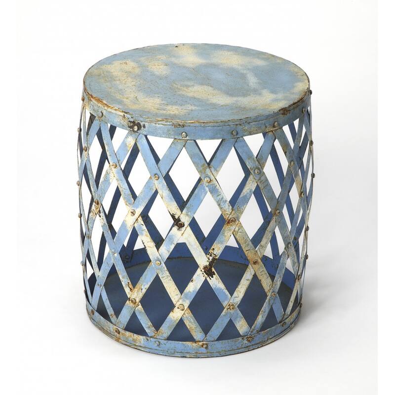17" Rustic Blue Iron Round End Table with Distressed Finish and Openwork Base for Living Room or Bedroom - 17" H x 15" W x 15" D