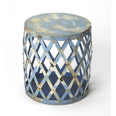 17" Rustic Blue Iron Round End Table with Distressed Finish and Openwork Base for Living Room or Bedroom - 17" H x 15" W x 15" D