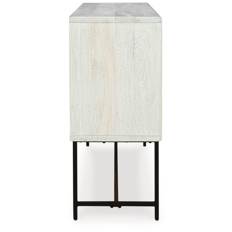 Sideboard Cabinet Console, Strip Pattern Wood, Black White 64 Inch