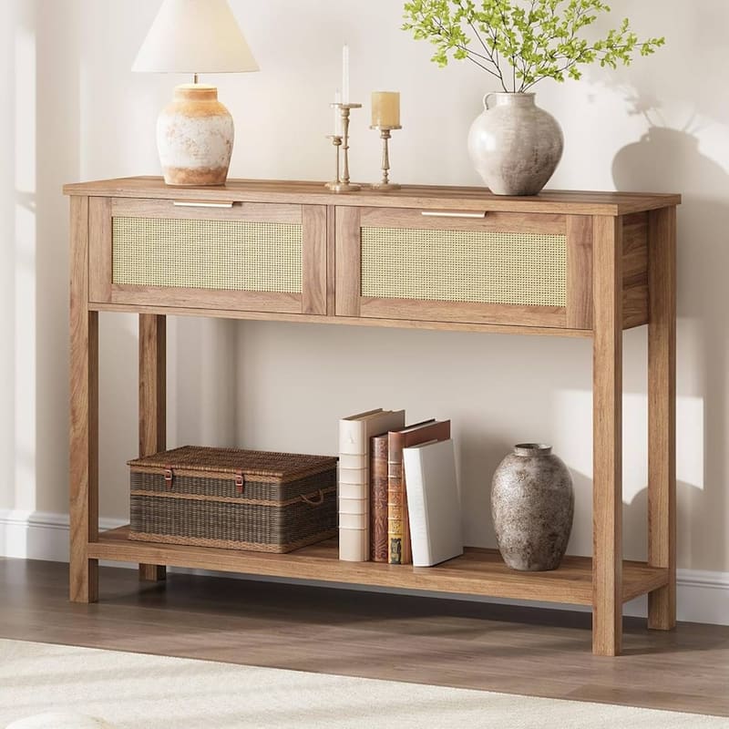 Entryway Table, Console Table with 2 Rattan Drawers - Brown