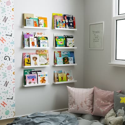 Wallniture Denver 17" Floating Shelves for Kids Room Decor, White Bookshelf (Set of 8)