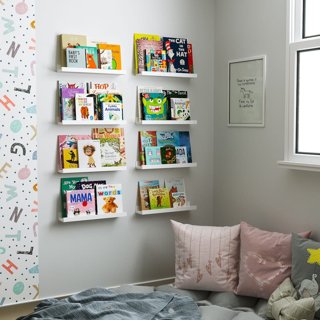 Wallniture Denver 17" Floating Shelves for Kids Room Decor, White Bookshelf (Set of 8)