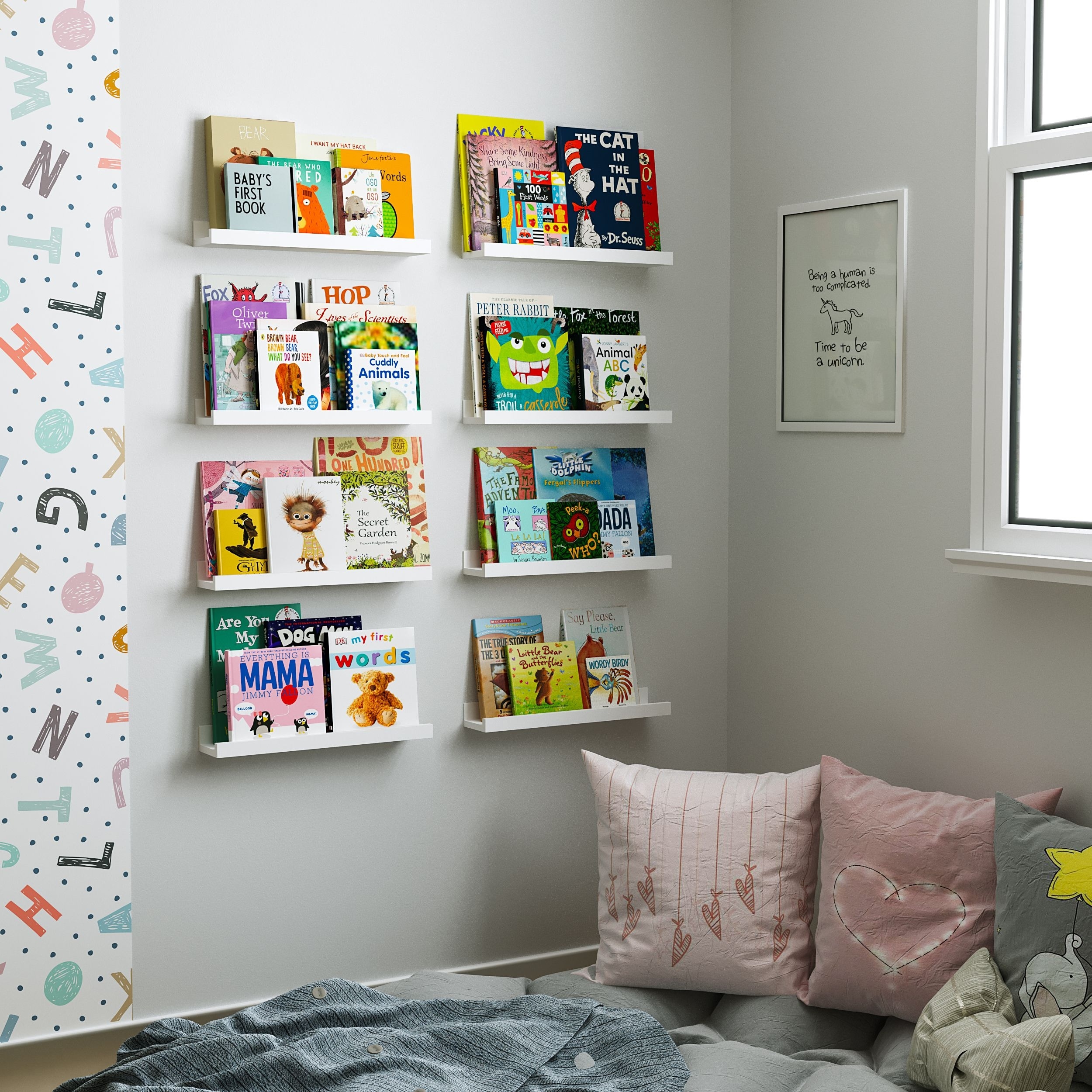 Wallniture Denver 17" Floating Shelves for Kids Room Decor, White Bookshelf (Set of 8)