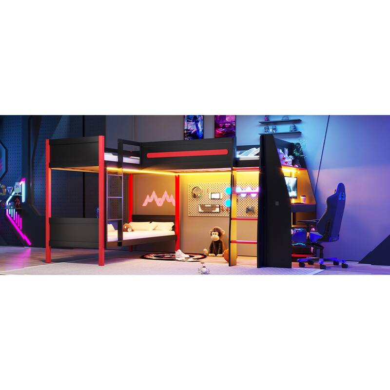 Roomfitters L-Shaped Twin Bunk & Loft Bed with Built-In Gaming Desk, LED Lights, Black and Red