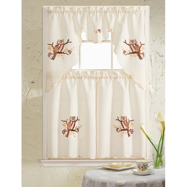 Owl Embroidered 3-Piece Kitchen Curtain Swag & Tiers Set, Beige-Yellow, 60x56 & 30x36 Inches - N/A