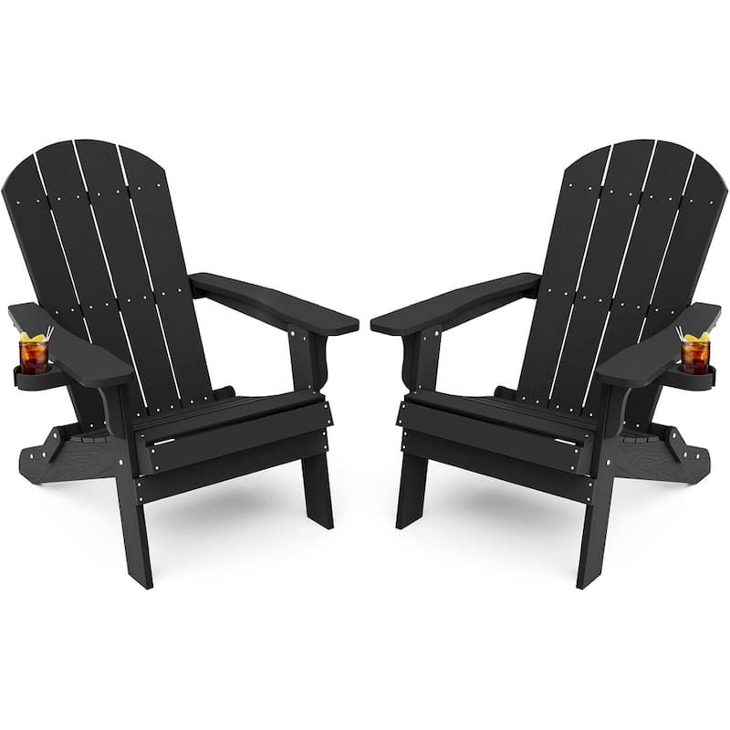 WINSOON All Weather HIPS Folding Oversized Adirondack Chair with Cup Holder - Blackx2