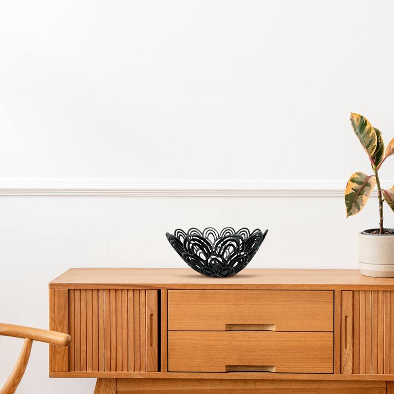 Decorative Handmade Aluminum Peacock Feather Flower Bowl in Black