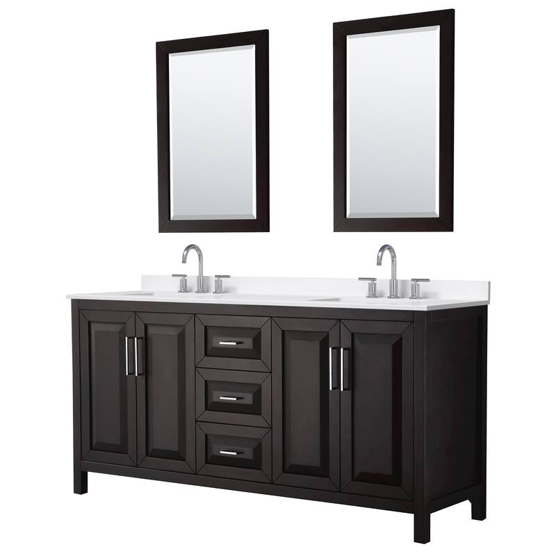 Daria 72-inch Double Vanity, 3 Hole Quartz Top, 24-inch Mirrors - Dark Espresso, Chrome Trim, White Quartz Top