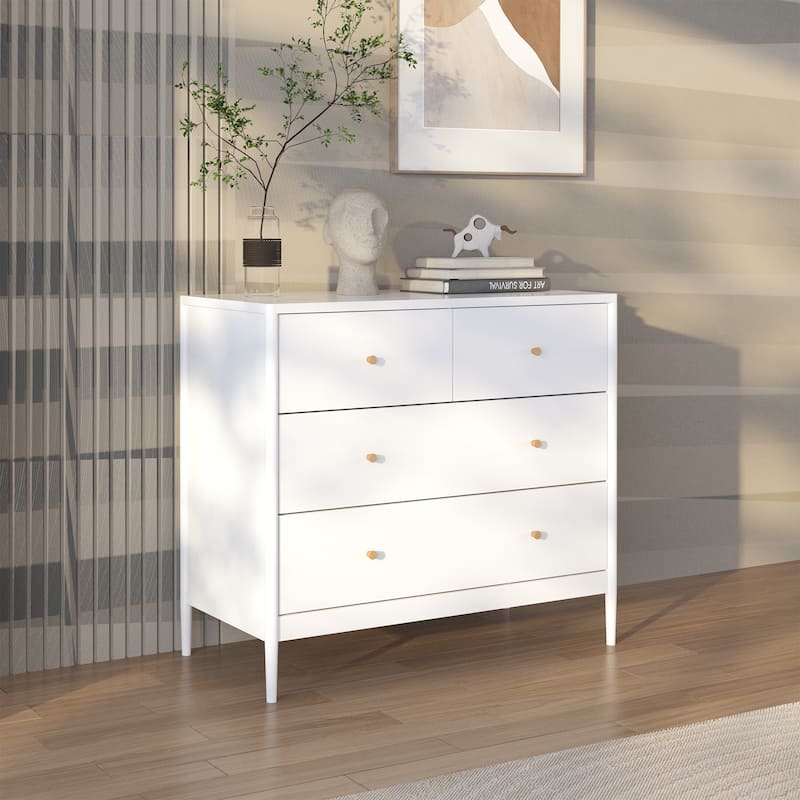 Anmytek White 4 Drawer Dresser Minimalist Storage Chest with Wood Knobs