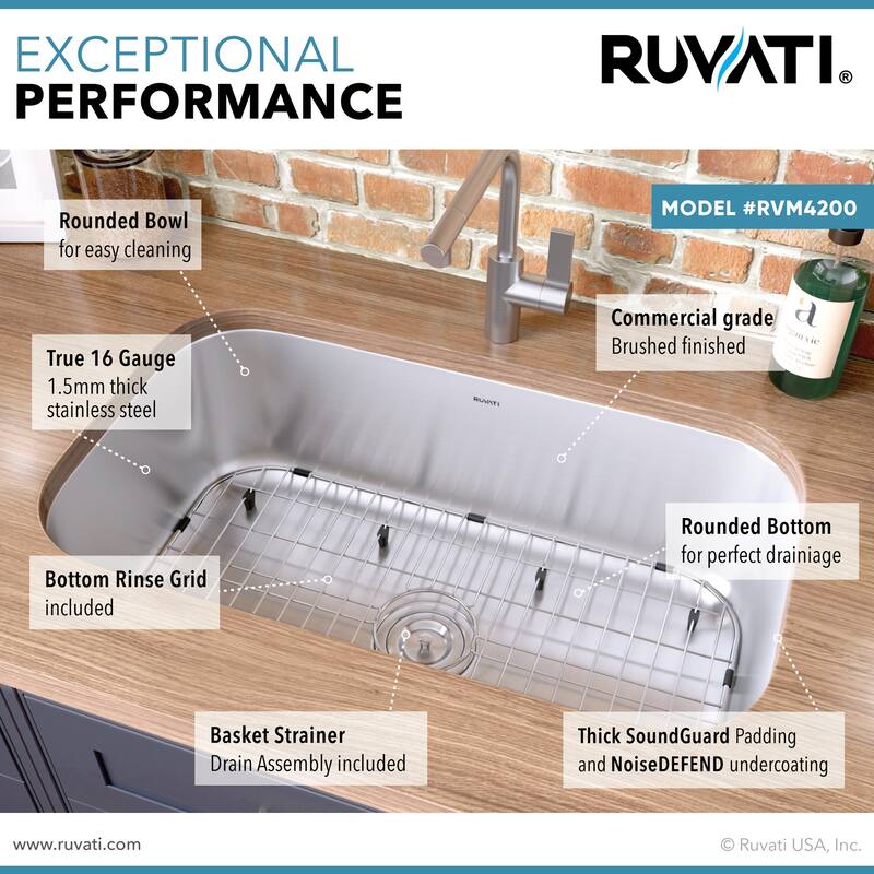 Ruvati 32-inch Undermount 16 Gauge Stainless Steel Kitchen Sink Single Bowl - RVM4200 - 29.25? x 16? - 29.25″ x 16″