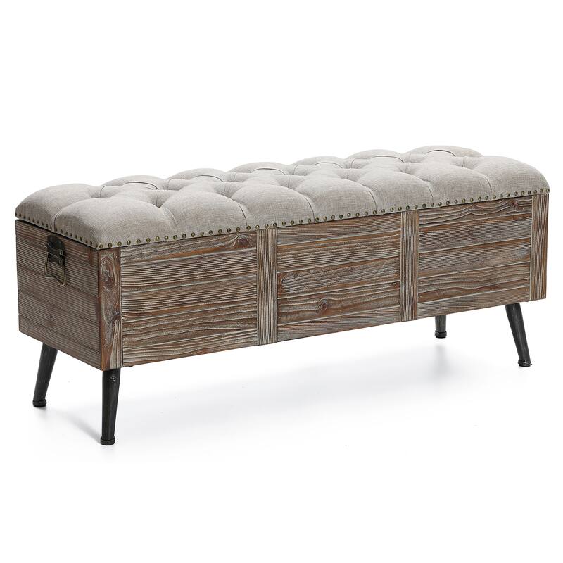 Natural Wood Upholstered Bedroom and Entryway Storage Bench - 20.08" H x 47.24" W x 15.75" D