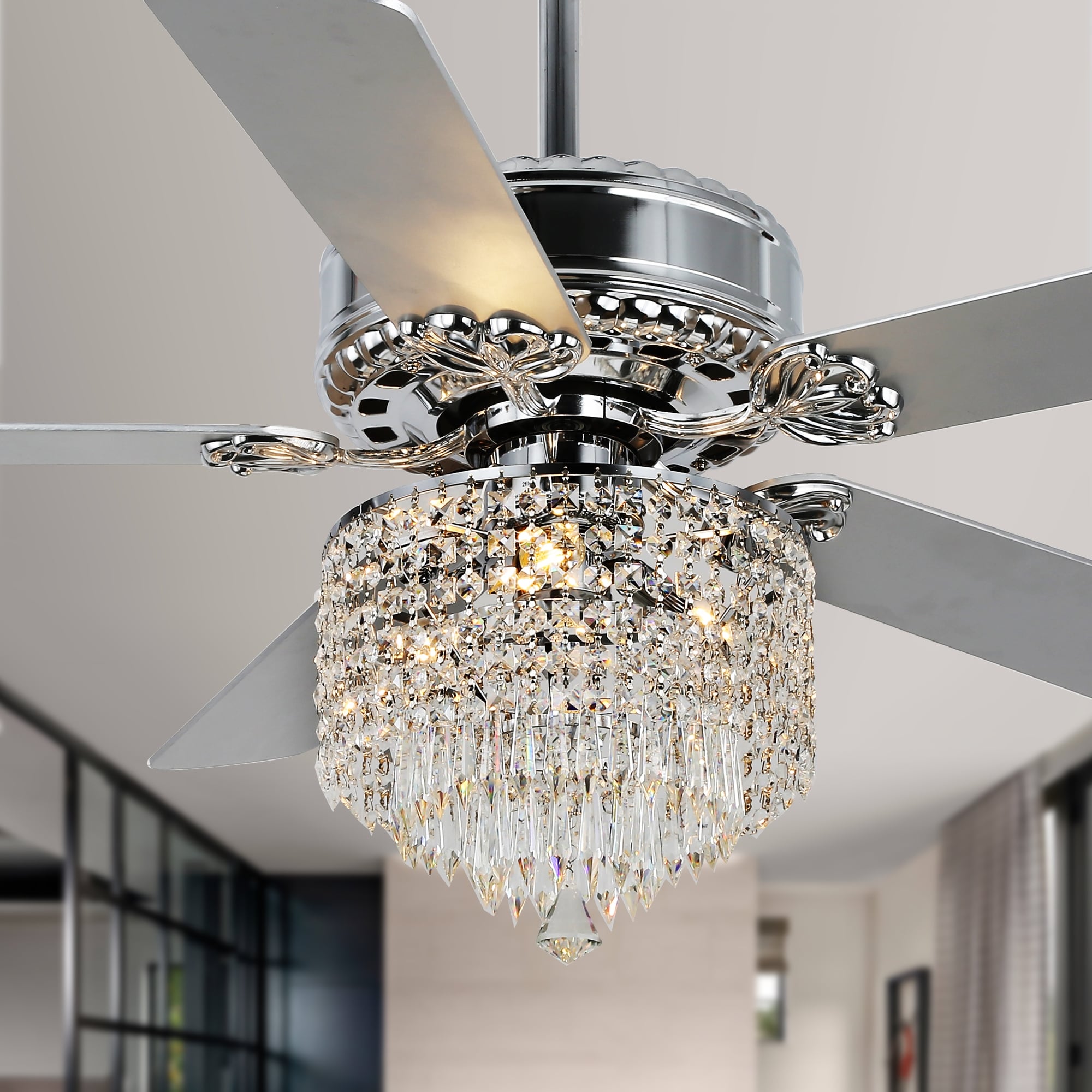 Oaks Aura 52in. Chrome Glam Crystal Reversible Ceiling Fan with Light Remote Control, Luxury Modern Fan with Lights