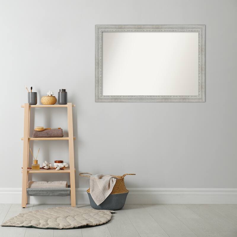 Non-Beveled Wood Bathroom Wall Mirror - Rustic White Wash Frame
