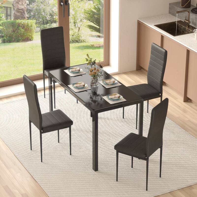 5/7-Piece Glass Top Dining Table Set, Kitchen Table and 4/6 Luxury Faux Leather Chairs, Home Furniture Rectangular Modern, Black