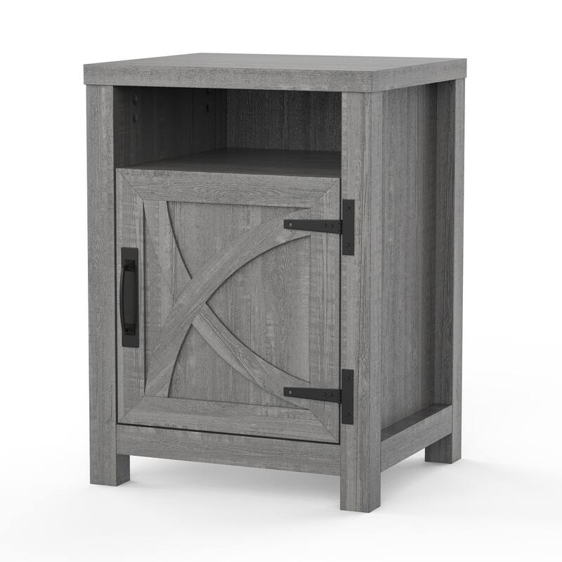 Farmhouse Barn Door Nightstand Bedside Table with Storage Open Compartment