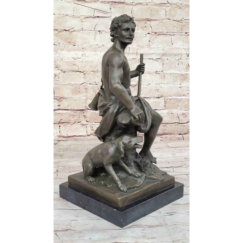 Muscular Male Shepherd With His Imitative Dog - Bronze Sculpture By Barbedienne On Marble Base
