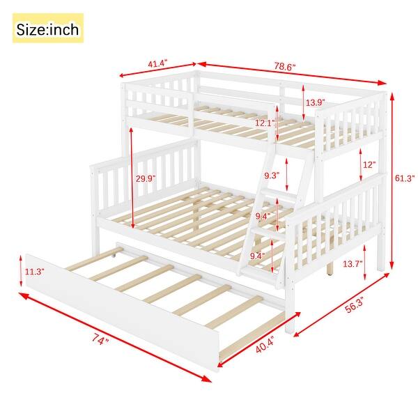 Twin Over Full Rubber Wood Bunk Bed with Trundle, White