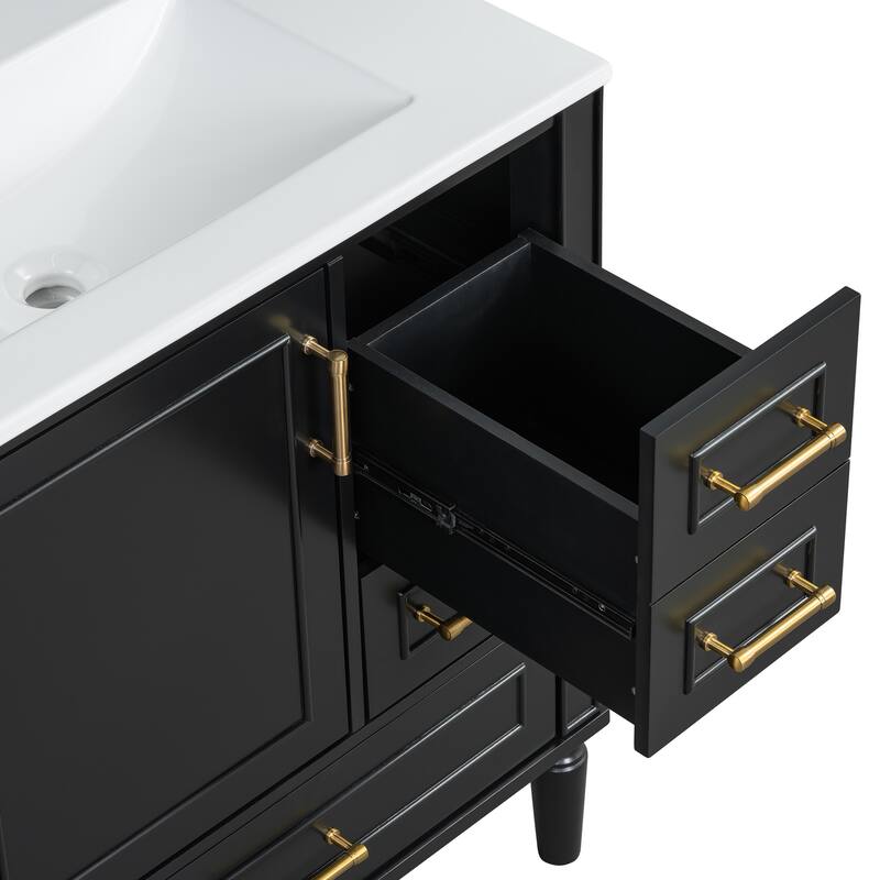 30" Freestanding Single Sink Storage Cabinet Bathroom Vanity with Gold Handles, Groove Decoration and Overflow Drain Protectio