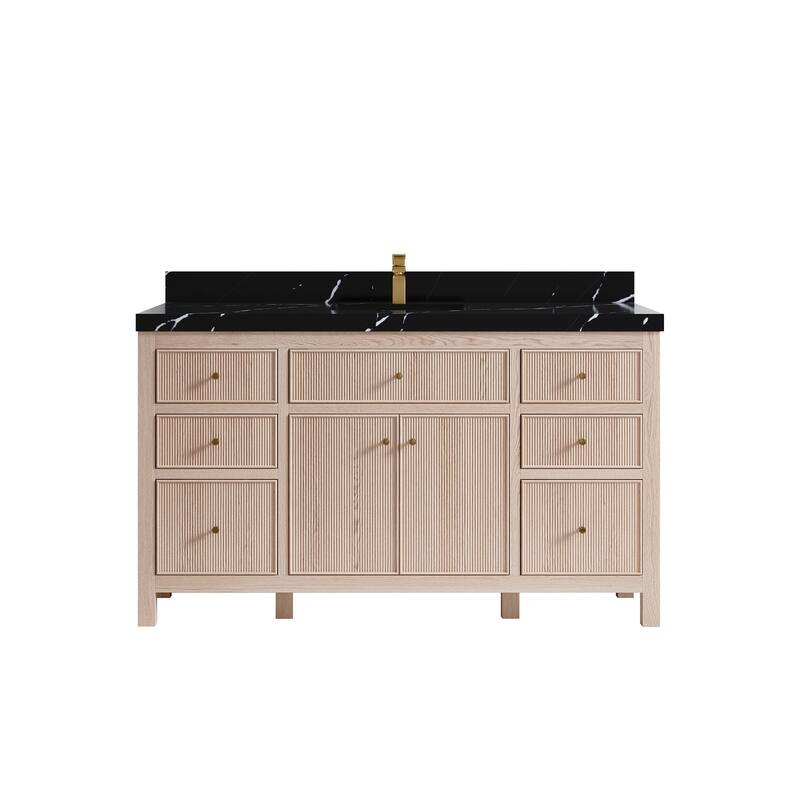 Willow Collections 60 x 22 Sonoma White Oak Wood Single Sink Bathroom Vanity with Quartz or Marble Countertop - 2"Calacatta Black - White Oak