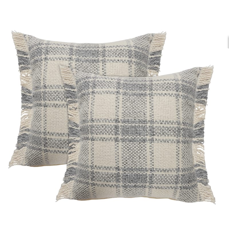 Sevita Ivory/Gray Tartan Cotton Blend Throw Pillow, Set of 2