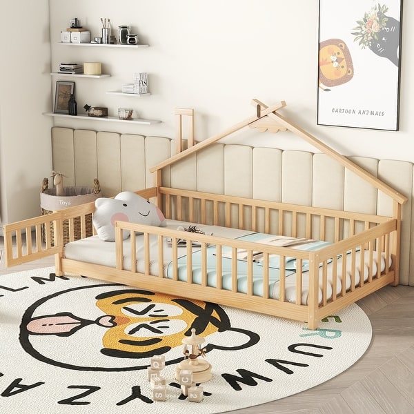 slide 2 of 42, Wooden Montessori Floor Bed with Guardrails, House-Shaped Floor Bed, Wood Slat Support with Door-Natural