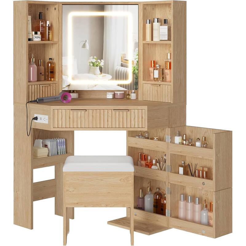 Corner Vanity Desk with Lighted Mirror Drawers Shelves Storage Stool