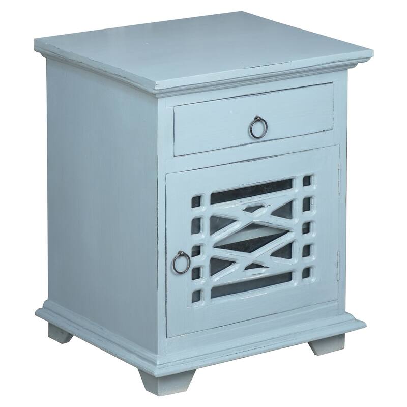 Solid Wood Side Table - Nightstand Accent Cabinet - Fully Assembled - Beach Blue Finish - 26