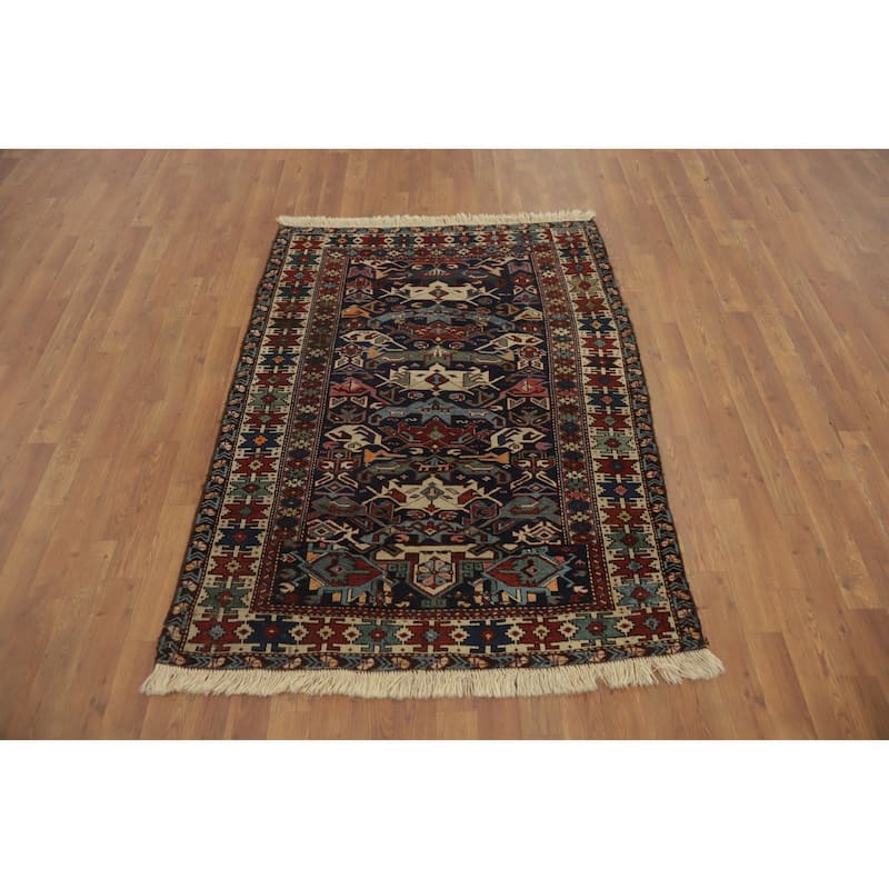 Hand Knotted Oriental 100% Wool Carpet Traditional Geometric Navy Blue & Blues Kazak Area Rug - 5' 2'' X 3' 10''