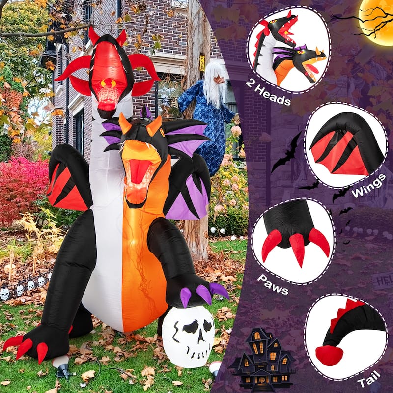 8 Feet Halloween Yard Inflatable Twin-Headed Dragon with Lights and Stakes for Outdoor Garden Use - 8 x 5.6 x 8 ft