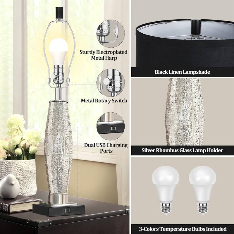 2 PCS Table Lamps with USB A+C Charging Ports (LED Bulbs Included)