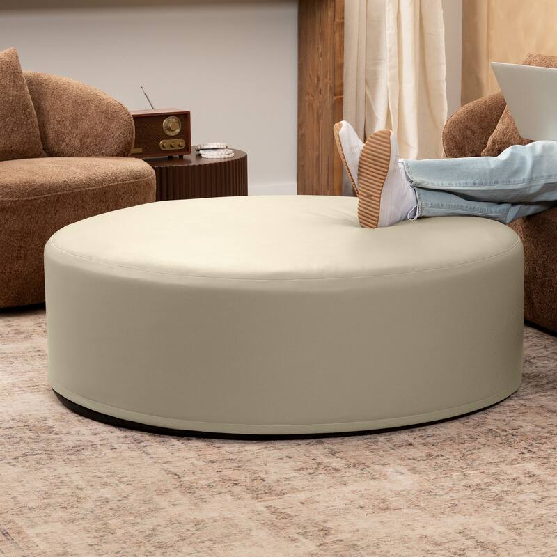 Jaxx Candler Round Couch Ottoman Large Coffee Table & Foot Rest, 44-Inch - Faux Leather Natural