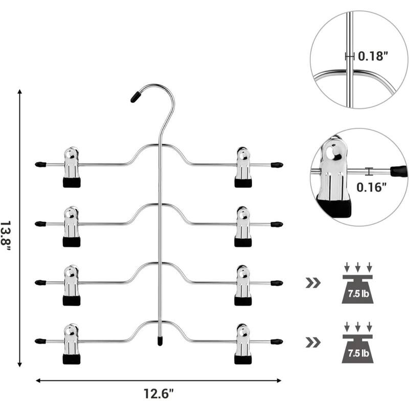Silver PVC-Coated Iron 4-Tier Skirt and Pants Hanger with Adjustable Clips - 12.6” L x 13.8” H