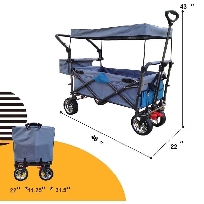Outdoor Push & Pull Folding Wagon Cart with Removable Canopy