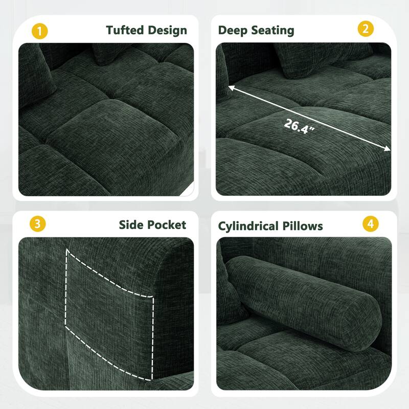 101.2" Green Chenille Modular Sofa with Deep Seating for Living Room