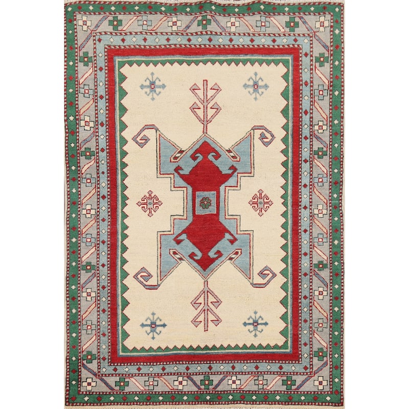 Ivory Kazak Oriental Accent Rug Hand-Knotted Tribal Wool Carpet - 3'11" x 5'7"