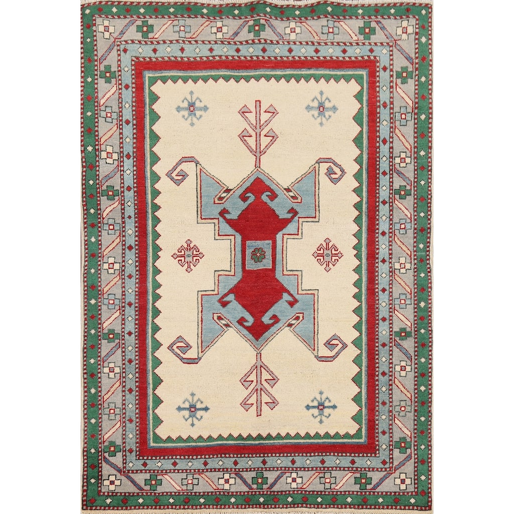 Ivory Kazak Oriental Accent Rug Hand-Knotted Tribal Wool Carpet - 3'11" x 5'7"