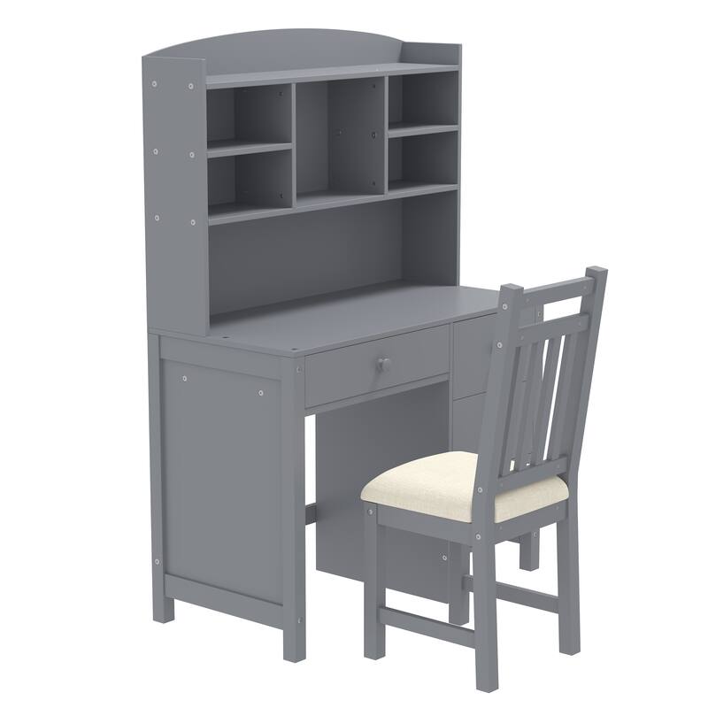 40'' Home Executive Desk and Upholstered Chair Set with Bookshelf, Computer Desk with Four Drawers