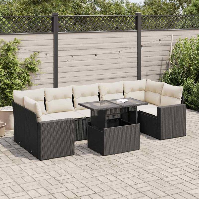 vidaXL Patio Sofa Set with Cushions Outdoor Furniture 8 Piece Poly Rattan - 21.7 x 39.4 x 28.7 in - Black and cream with storage