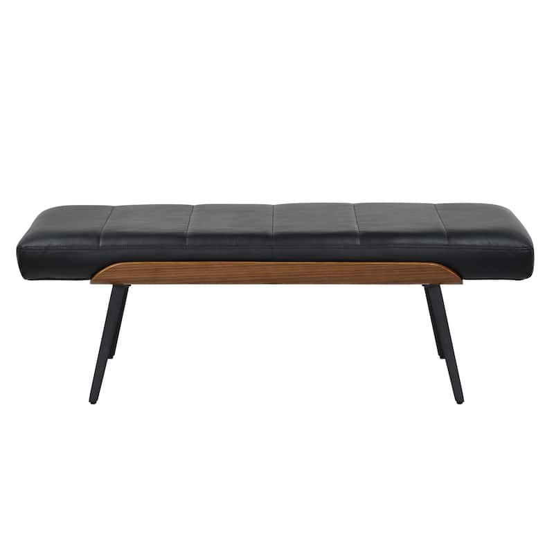Mid-Century Modern Faux Leather & Metal Bench - Black & Walnut