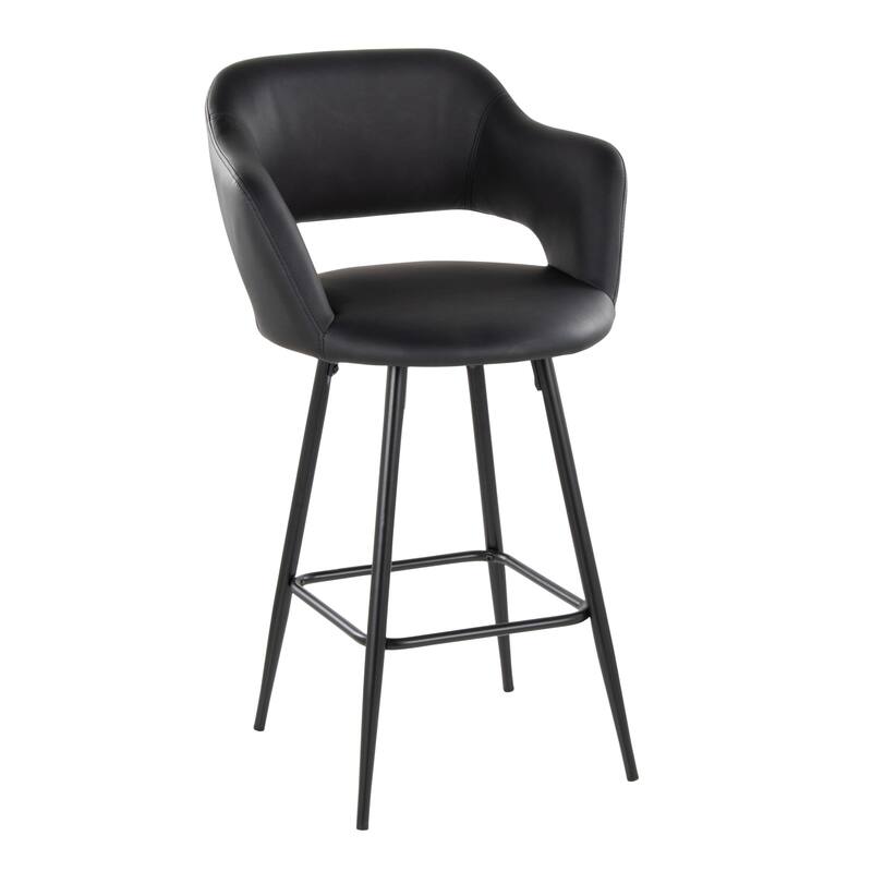Porch & Den Vallen 26" Fixed-Height Faux Leather Counter Stool with Metal Legs & Square Footrest (Set of 2) - Black Faux Leather/Black Metal