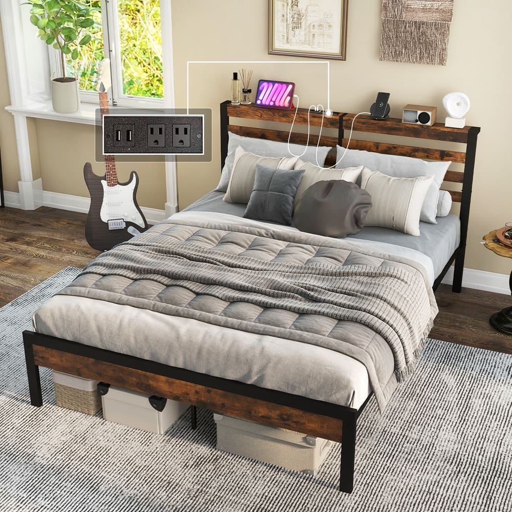 Costway Full Industrial Metal Platform Bed Frame Charging Station